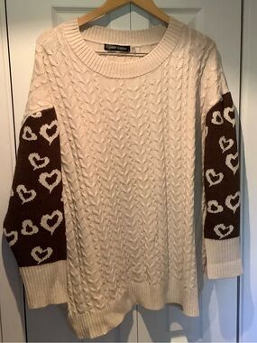 Cream Cable Knit Sweater with Brown Heart Sleeves oversize
